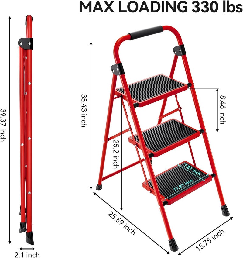 KINGRACK 3 Step Ladder, Folding Step Stool with Anti-Slip and Wide Pedal, Lightweight Stepladder with Handrails, Portable for Kitchen, Household, Red - Image 4